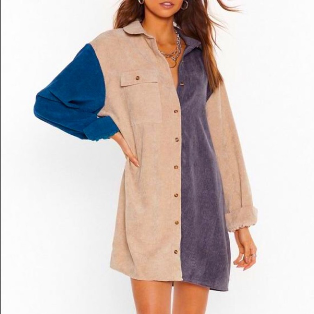 Color Block Corduroy Shirt Dress
